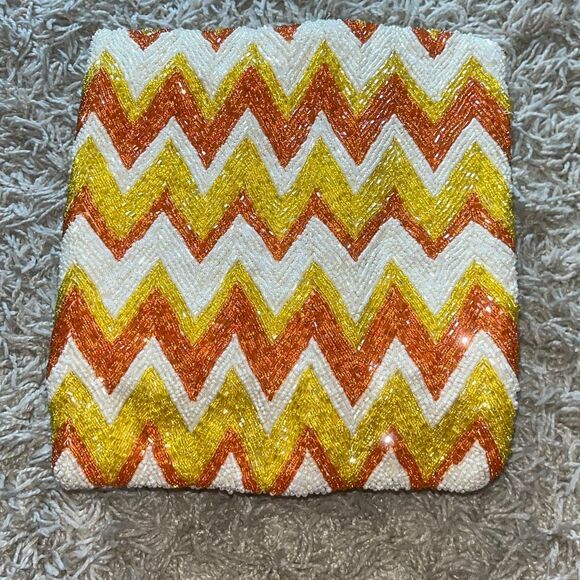 Moyna Beaded Clutch Satin Lining Orange, Yellow, And White Evening Bag, Zipper - Picture 4 of 10